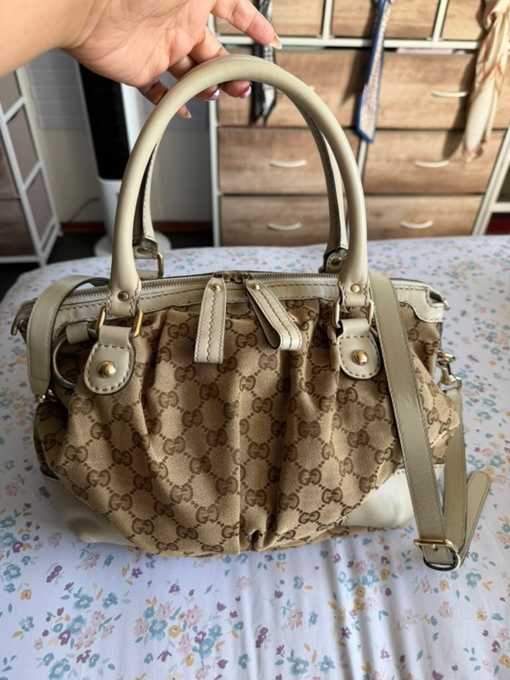Gucci Beige GG Canvas Satchel with Cream Leather Trim